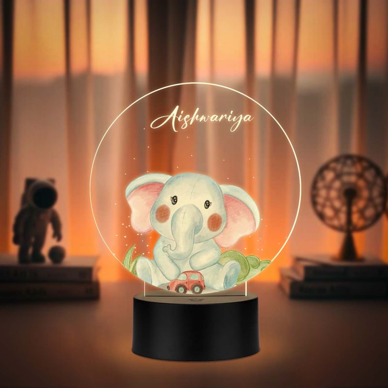 Personalized Baby Elephant Photo Frame with Warm White Light & Plastic Black Base Nursery Night Light Birthday Return Gift Kids Room Bedside Desk Table Lamp